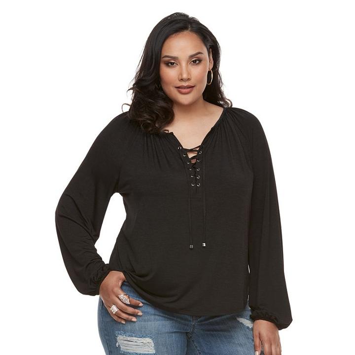 Plus Size Jennifer Lopez Lace-up Peasant Top, Women's, Size: 0x, Black