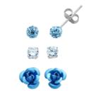 Sterling Silver Cubic Zirconia And Crystal Flower Stud Earring Set, Women's, Blue