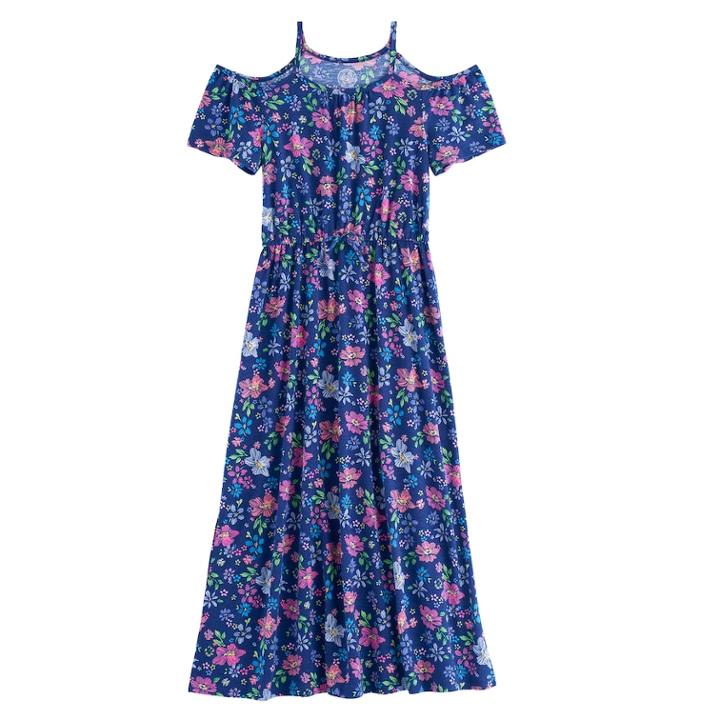 Girls 7-16 So&reg; Patterned Cold-shoulder Maxi Dress, Size: L/12, Dark Blue