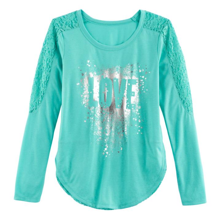Girls 7-16 & Plus Size Mudd&reg; Pieced Lace Graphic Tee, Size: 12 1/2, Turquoise/blue (turq/aqua)