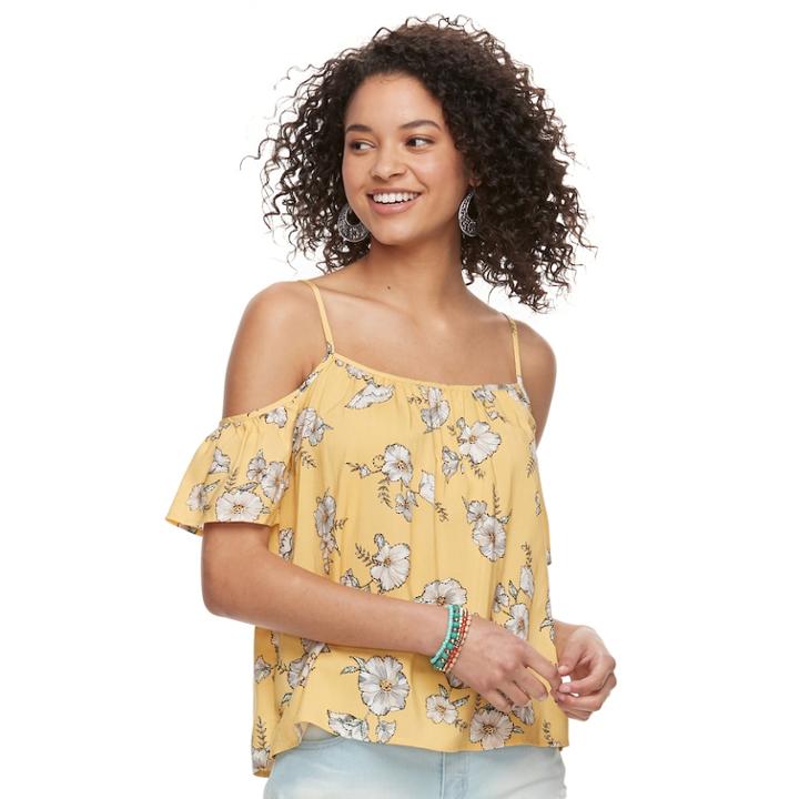 Juniors' Love, Fire Challis Cold-shoulder Top, Teens, Size: Medium, Yellow