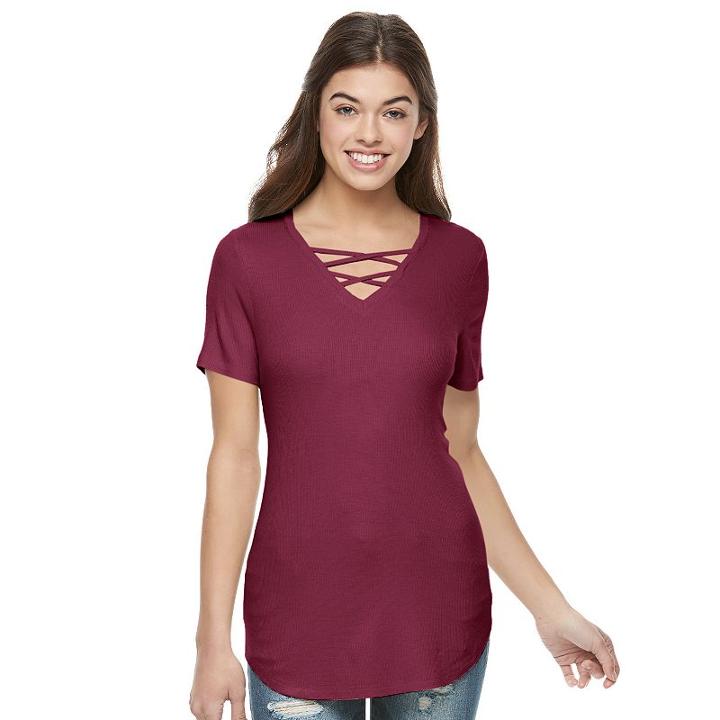 Juniors' Awake Crisscross V-neck Tee, Girl's, Size: Medium, Dark Red