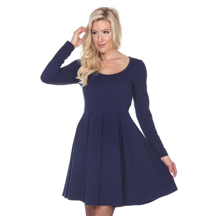 Women's White Mark Solid Fit & Flare Dress, Size: Medium, Blue (navy)