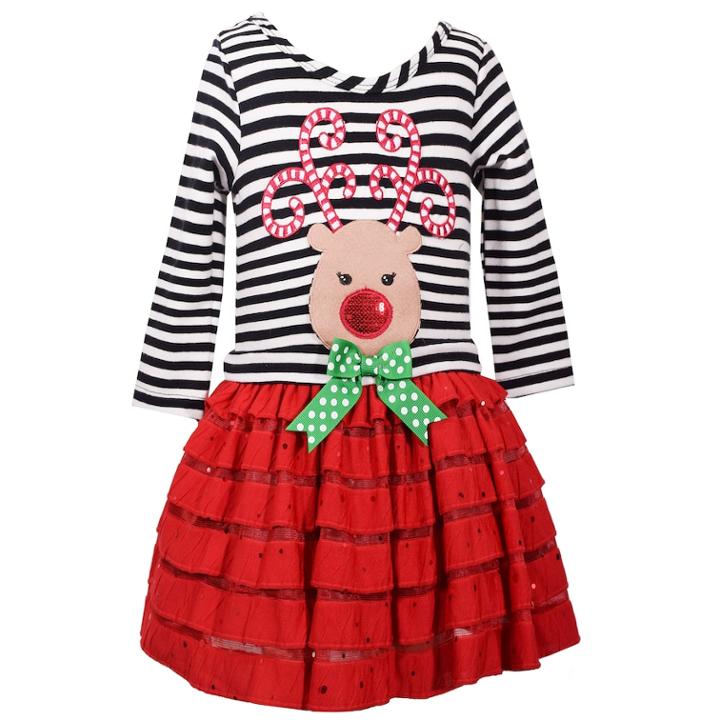 Girls 4-6x Jessica Ann Long Sleeve Reindeer Stripe Dropwaist Dress, Size: 6, Red