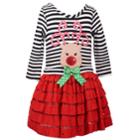 Girls 4-6x Jessica Ann Long Sleeve Reindeer Stripe Dropwaist Dress, Size: 6, Red