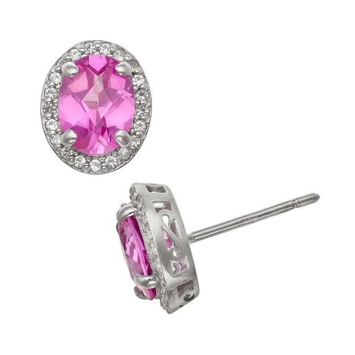 Sterling Silver Lab-created Pink Sapphire And Lab-created White Sapphire Halo Stud Earrings, Women's