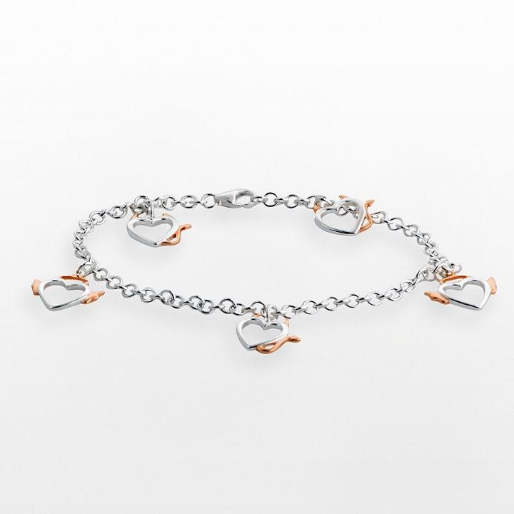 Sterling Silver Two Tone Angel And Devil Heart Charm Bracelet, Women's, Size: 7.5, Multicolor