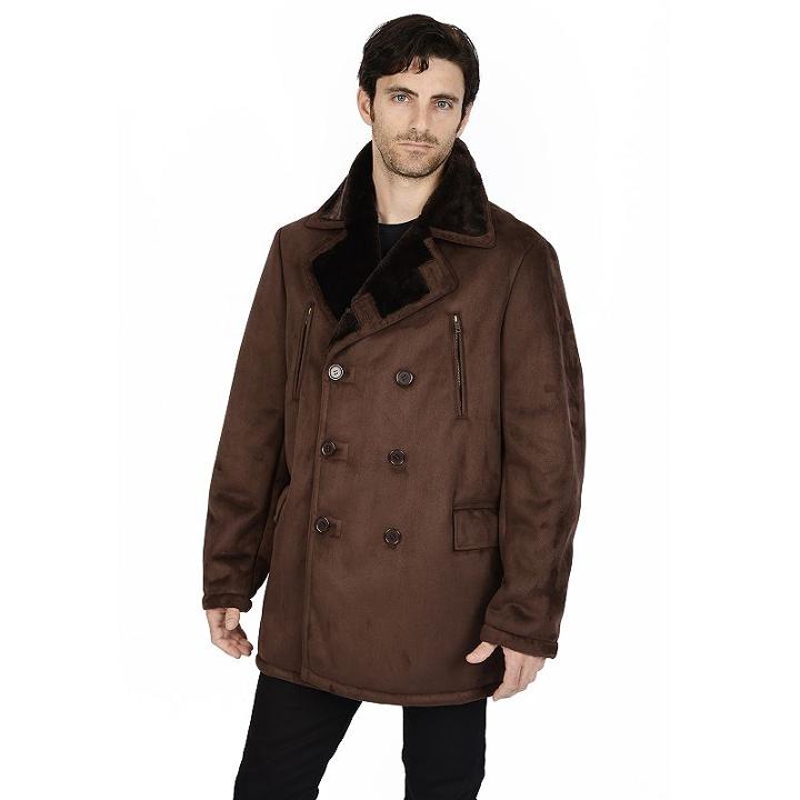 Men's Excelled Faux-shearling Pea Coat, Size: Small, Brown