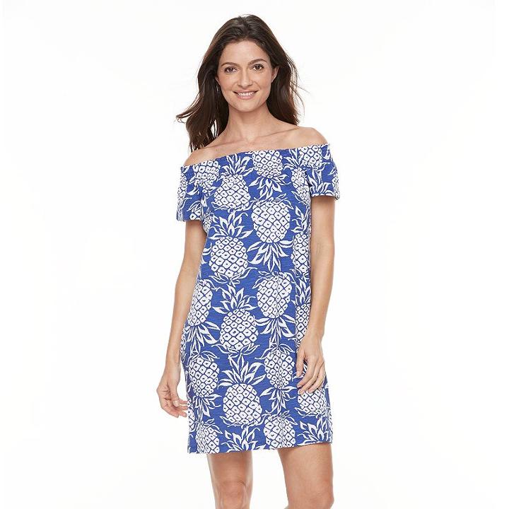 Women's Caribbean Joe Pineapple Off-the-shoulder Dress, Size: Large, Med Blue