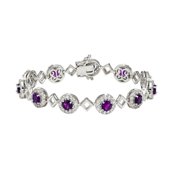 Sterling Silver Amethyst & Lab-created White Sapphire Halo Link Bracelet, Women's, Size: 7.5, Purple