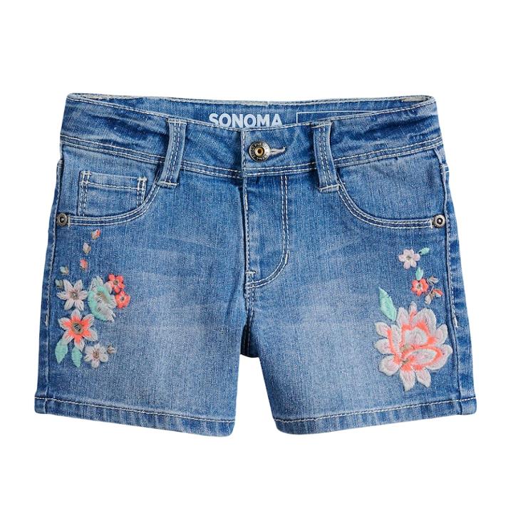 Girls 4-12 Sonoma Goods For Life&trade; Embroidered Floral Shortie Denim Shorts, Size: 8, Dark Blue