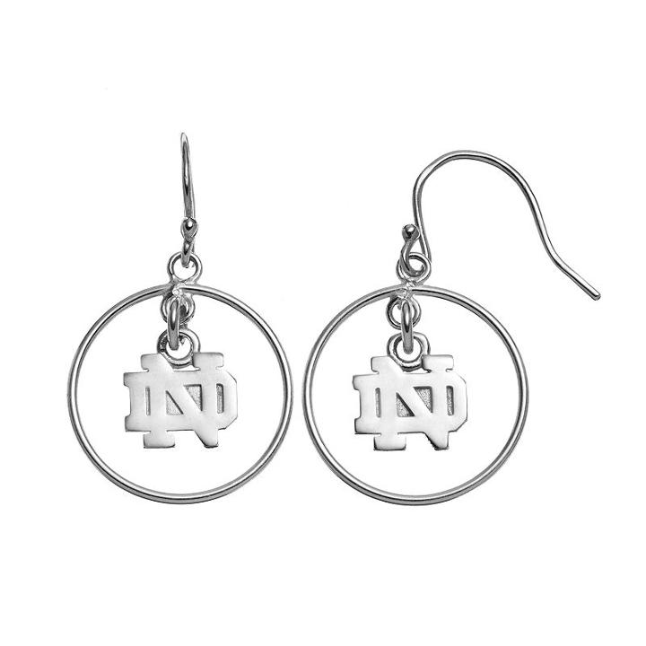 Dayna U Notre Dame Fighting Irish Sterling Silver Logo Charm Hoop Drop Earrings, Women's, Grey
