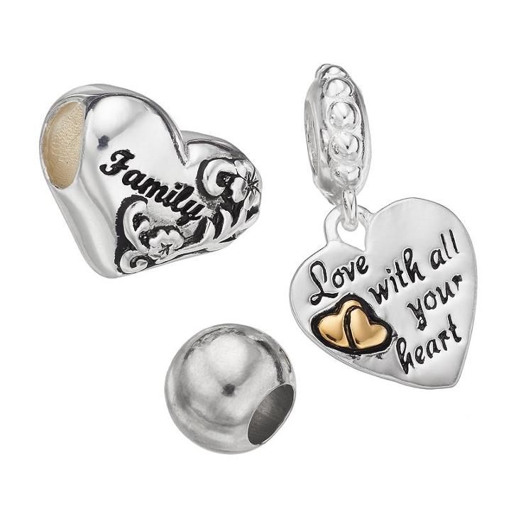 Individuality Beads Sterling Silver Two Tone Family Heart Bead & Charm Set, Women's, Grey