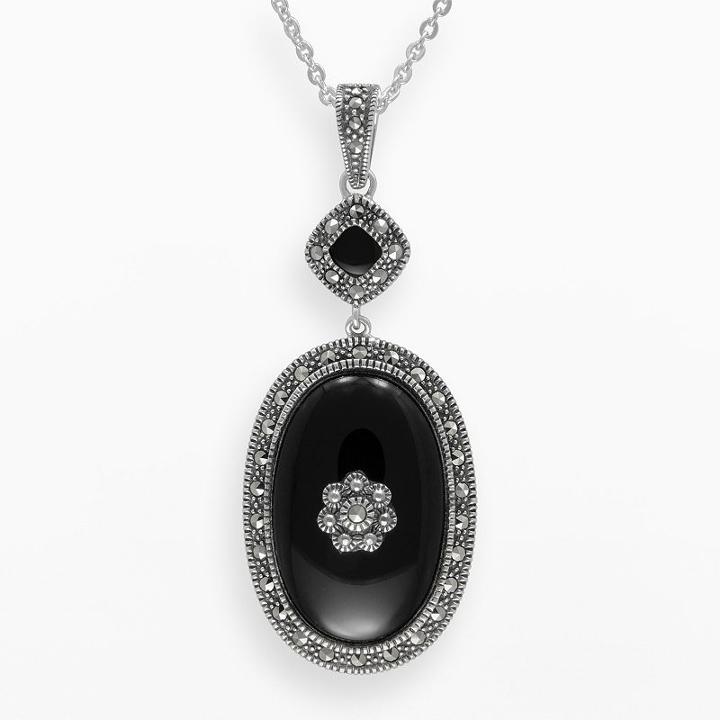 Lavish By Tjm Sterling Silver Onyx Flower Pendant - Made With Swarovski Marcasite, Women's, Size: 18, Black