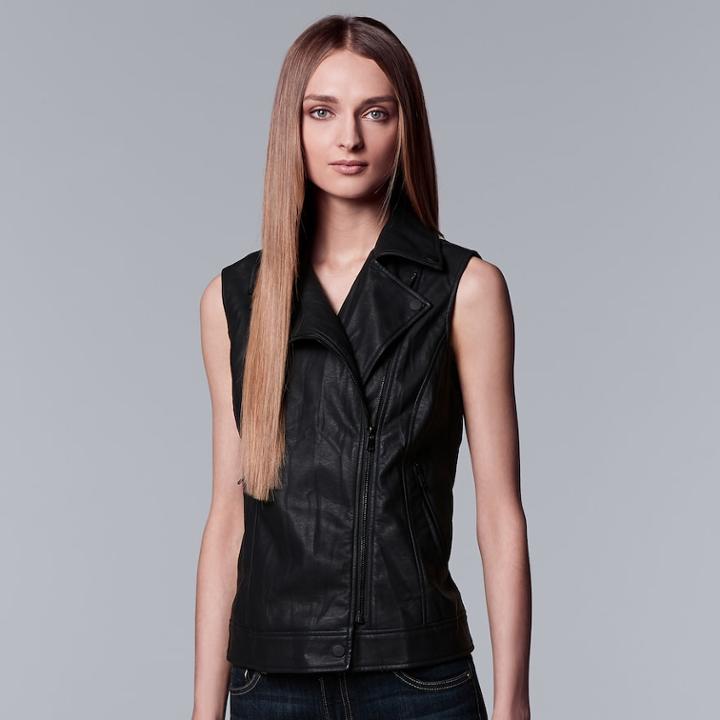 Women's Simply Vera Vera Wang Moto Faux-leather Vest, Size: Large, Black