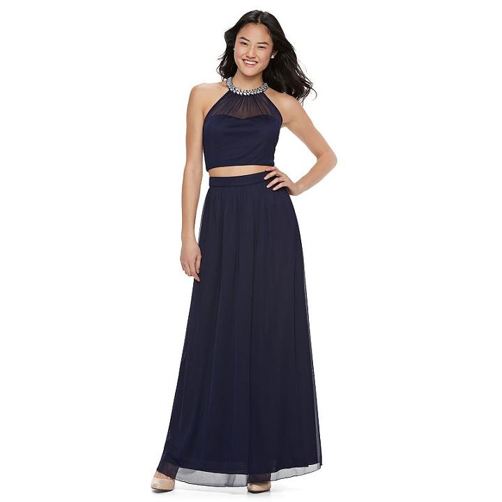 Juniors' Speechless Embellished Halter 2-piece Formal Dress, Girl's, Size: 9, Blue