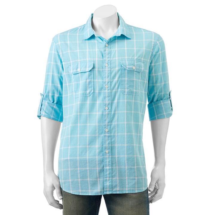 Men's Apt. 9&reg; Modern-fit Plaid Roll-tab Button-down Shirt, Size: Large, Turquoise/blue (turq/aqua)