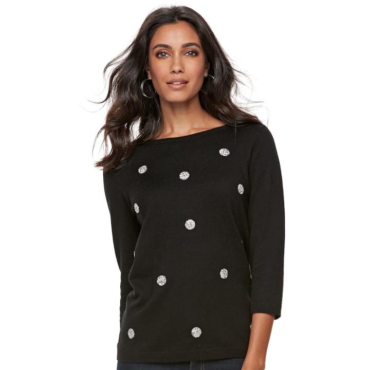 Women's Elle&trade; Glitter Dot Crewneck Sweater, Size: Small, Black