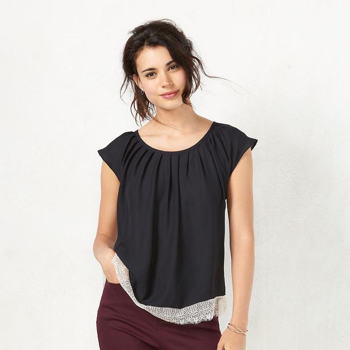 Women's Lc Lauren Conrad Pleated Lace Top, Size: Large, Black