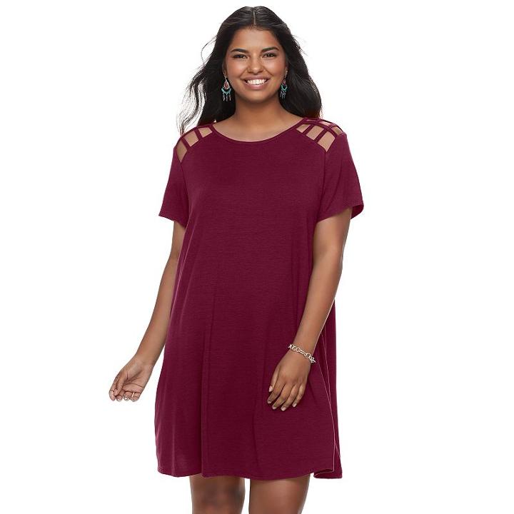 Juniors' Plus Size Speechless Lattice Shoulder Shift Dress, Teens, Size: 2xl, Dark Red