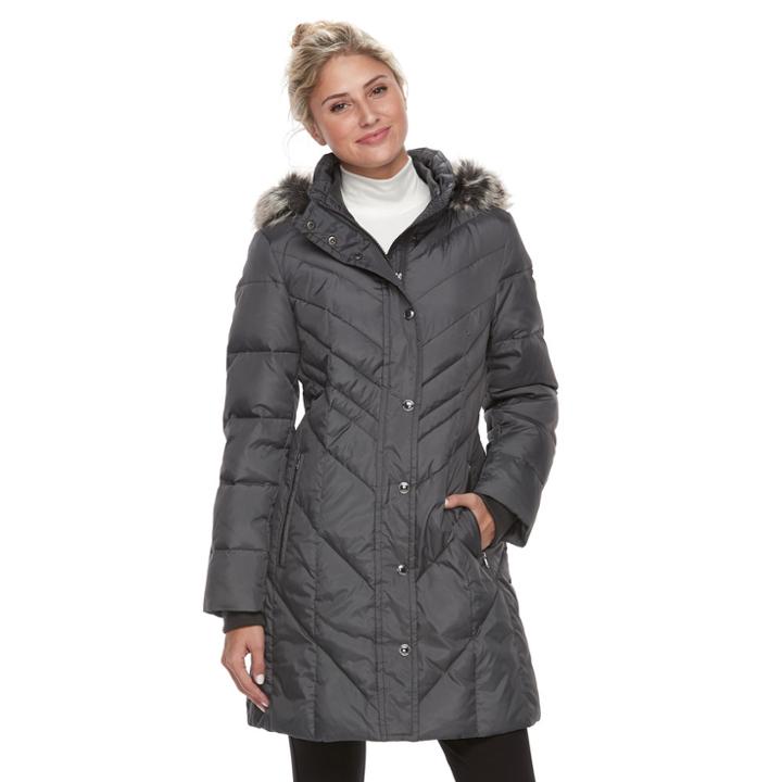Women's Tower By London Fog Down Faux-fur Trim Puffer Jacket, Size: Xl, Grey (charcoal)