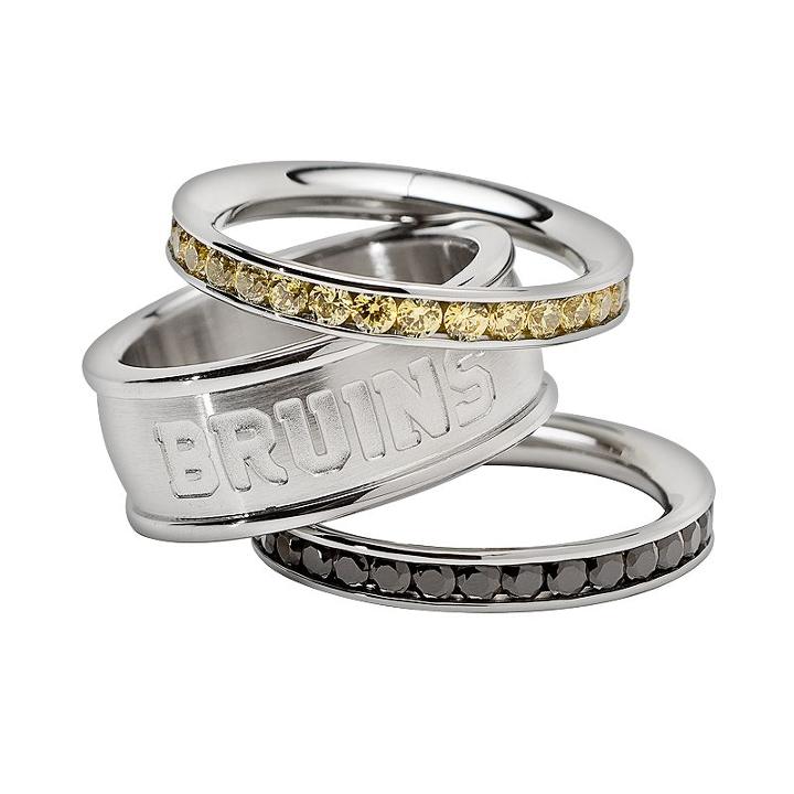 Logoart Boston Bruins Stainless Steel Crystal Stack Ring Set, Women's, Size: 9, Multicolor