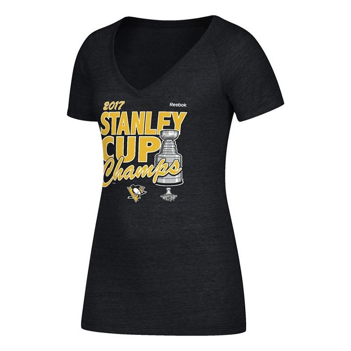 Women's Reebok Pittsburgh Penguins 2017 Stanley Cup Champions Stacked Tee, Size: Small, Black