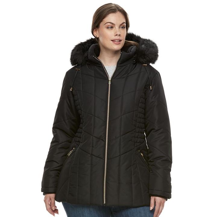 Plus Size Details Faux-fur Trim Smocked Jacket, Women's, Size: 2xl, Black