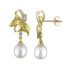 Laura Ashley 10k Gold Freshwater Cultured Pearl & 1/10 Carat T.w. Diamond Leaf Drop Earrings, Women's, White