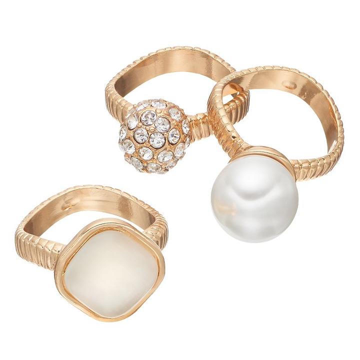 Simulated Pearl & Fireball Textured Ring Set, Women's, Size: 7, Gold