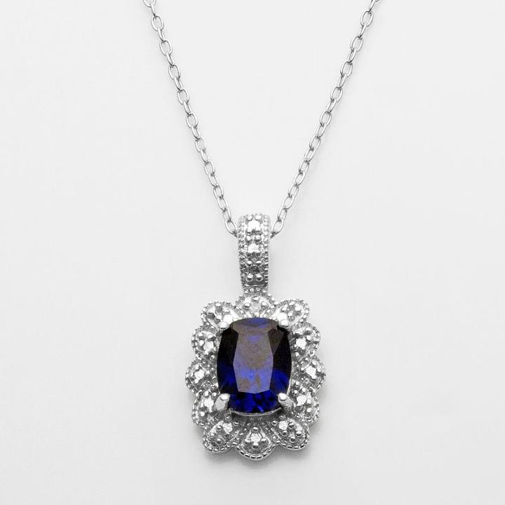 Sterling Silver Lab-created Sapphire And Diamond Accent Pendant, Women's, Size: 18, Blue