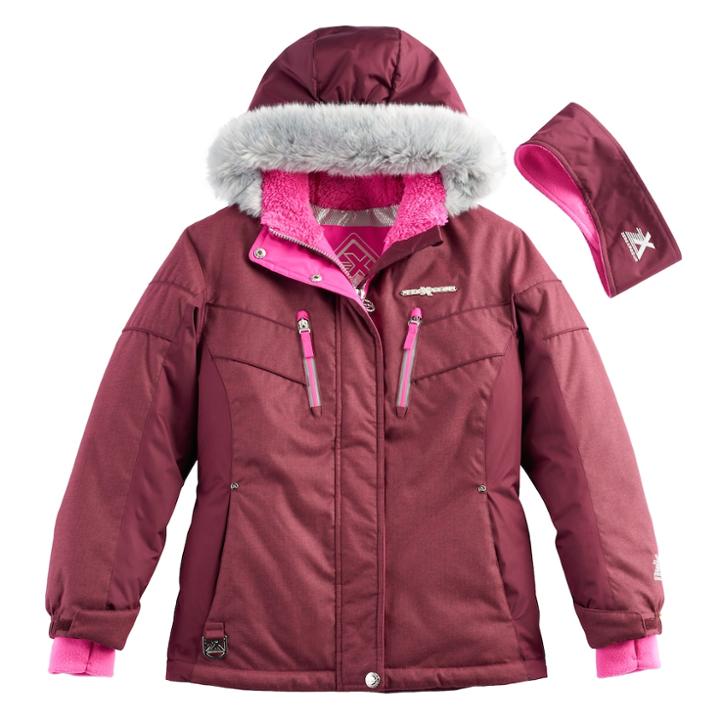 Girls 7-16 Zeroxposur Faux-fur Trim Fleece-lined Heavyweight Jacket & Ear Muff Headband Set, Size: 14, Dark Red