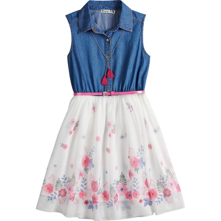 Girls 7-16 Knitworks Sleeveless Belted Denim Dress With Necklace, Size: 7, White