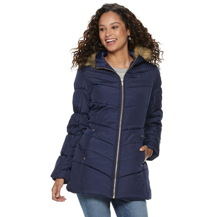 Juniors' Pink Envelope Faux-fur Puffer Jacket, Teens, Size: Large, Blue