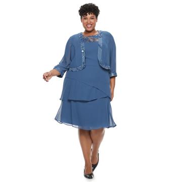 Plus Size Le Bos Embroidered Tiered Evening Dress & Jacket Set, Women's, Size: 22 W, Brt Blue