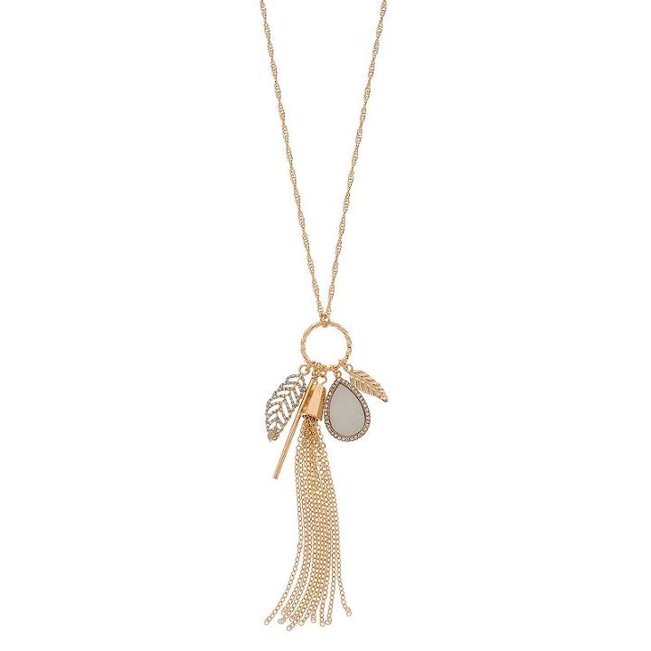 Leaf, Teardrop & Tassel Charm Necklace, Women's, Gold