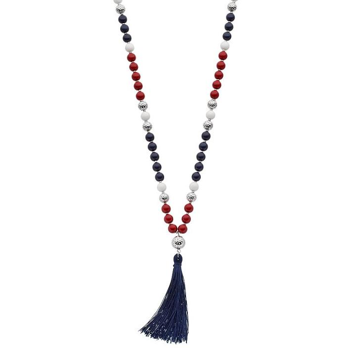 Red, White & Blue Long Beaded Tassel Necklace, Women's, Multicolor