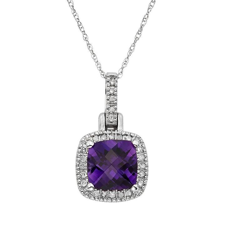 Amethyst & 1/8 Carat T.w. Diamond 10k White Gold Halo Pendant Necklace, Women's, Size: 18, Purple