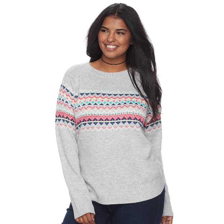 Junior's Plus Size So® Fair Isle Mockneck Sweater, Teens, Size: 2xl, Light Grey