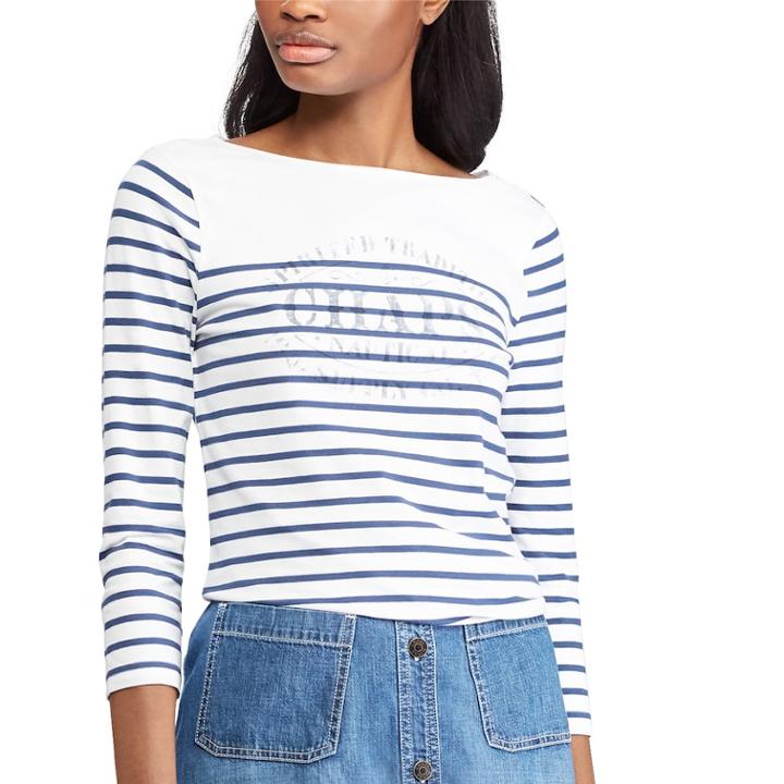 Women's Chaps Striped Logo Top, Size: Medium, White