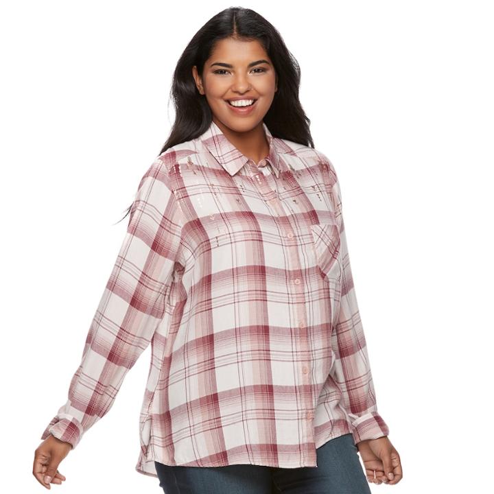 Juniors' Plus Size Mudd&reg; Plaid Flannel Shirt, Teens, Size: 3xl, Brt Purple