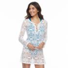 Women's Beach Scene Crochet Lace-up Cover-up, Size: Large, White