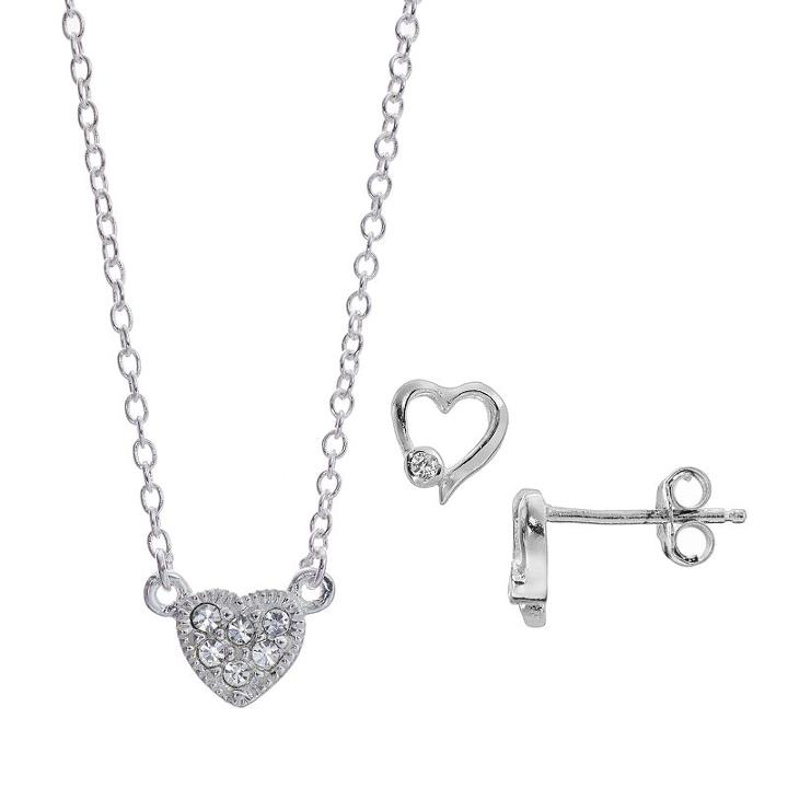 Itsy Bitsy Crystal Heart Necklace & Earring Set, Women's, White