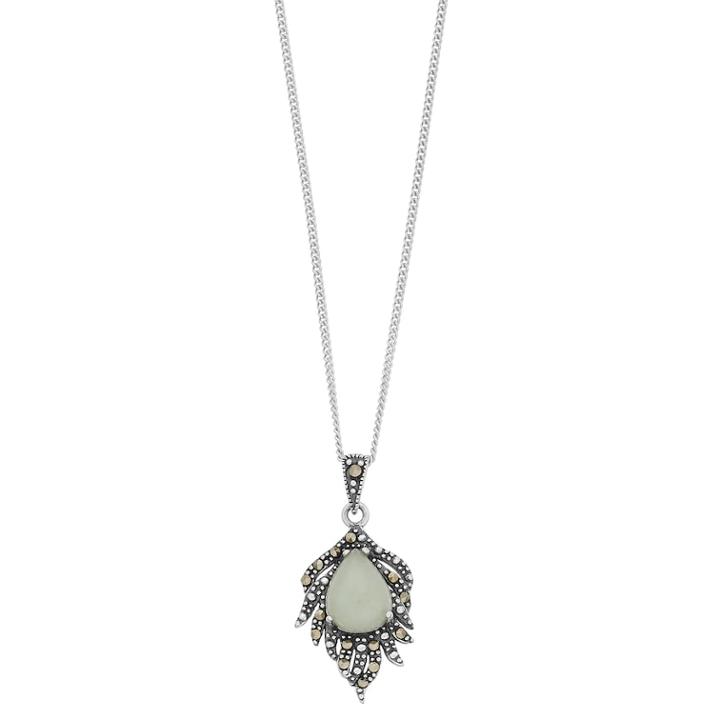 Tori Hill Sterling Silver Marcasite & Jade Feather Pendant Necklace, Women's, Size: 18, Green