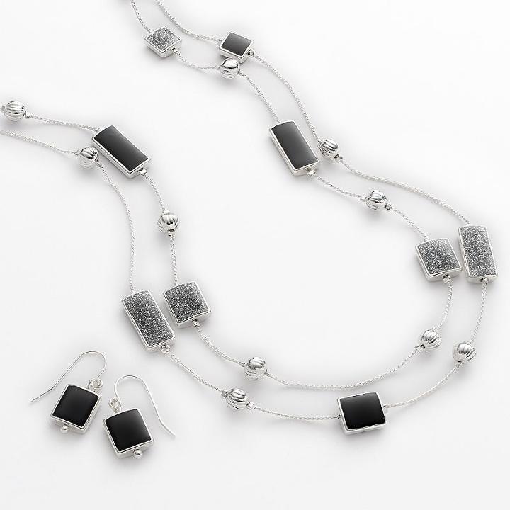 Silver Tone Bead Multistrand Long Necklace And Drop Earring Set, Women's, Black