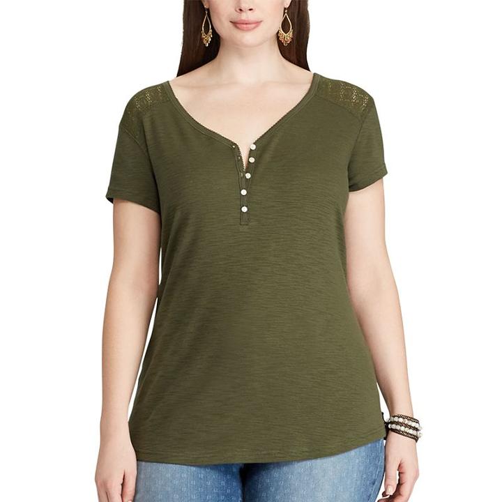Plus Size Chaps Lace Yoke Henley, Women's, Size: 2xl, Green