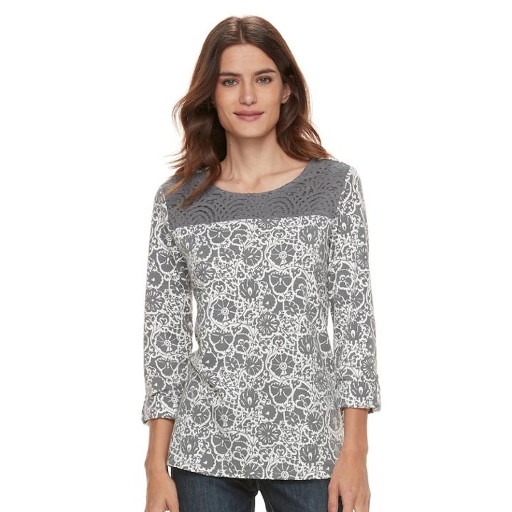 Women's Croft & Barrow&reg; Lace Yoke Popover Top, Size: Large, Grey