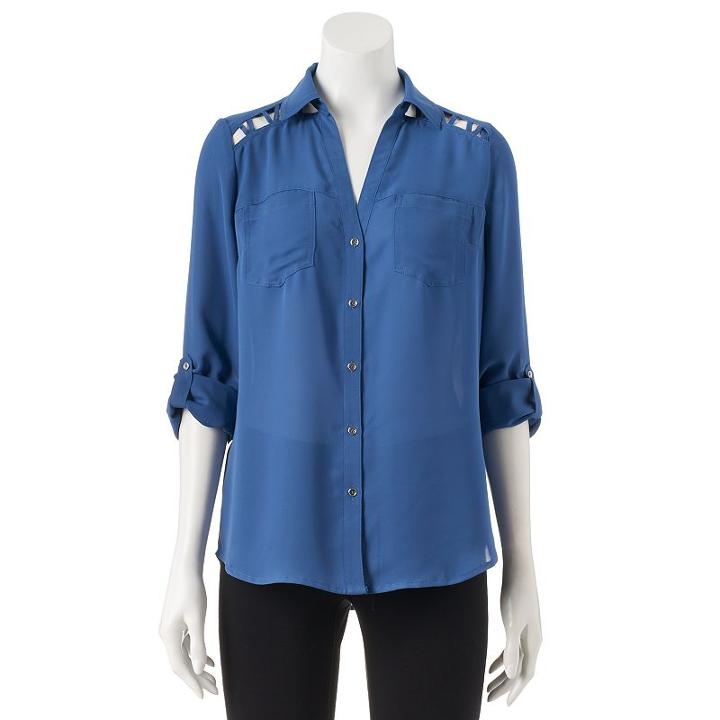 Juniors' Candie's&reg; Lattice Button Down Top, Girl's, Size: Medium, Blue