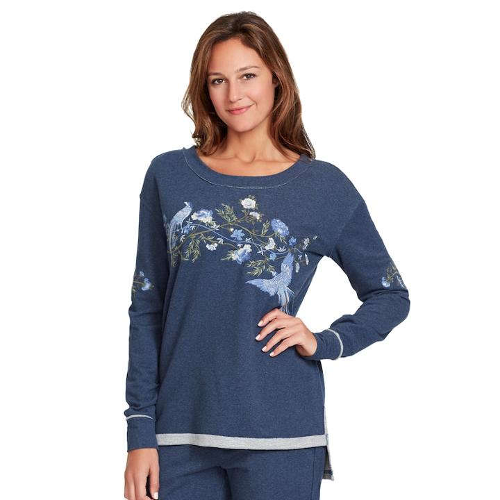 Women's Gloria Vanderbilt Floral Embroidered French Terry Sweatshirt, Size: Xl, Blue