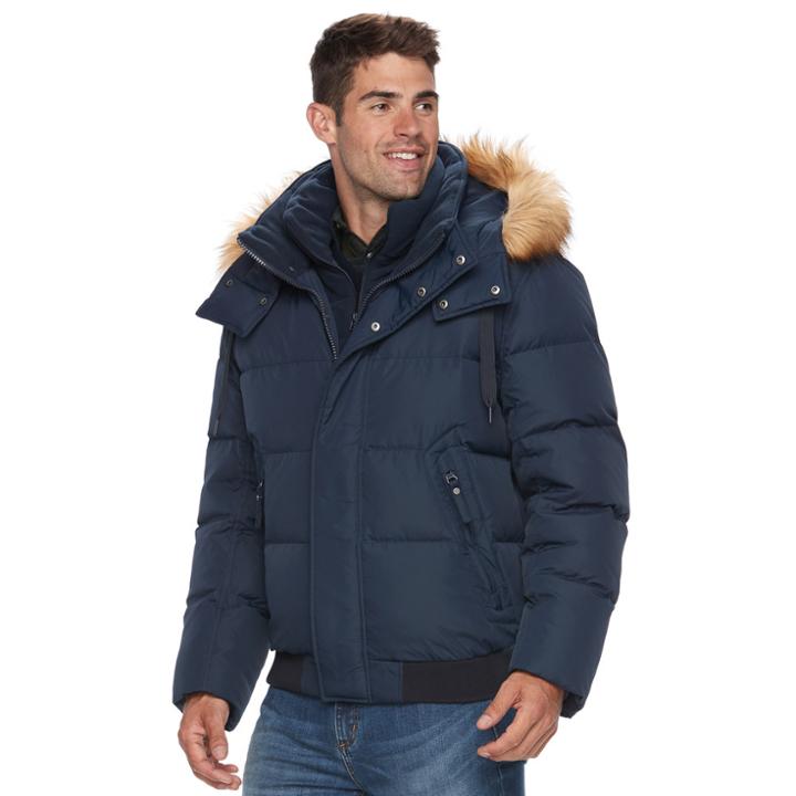 Big & Tall Men's Am Studio By Andrew Marc Down Faux-fur Hooded Bomber Jacket, Size: Xxl Tall, Dark Blue